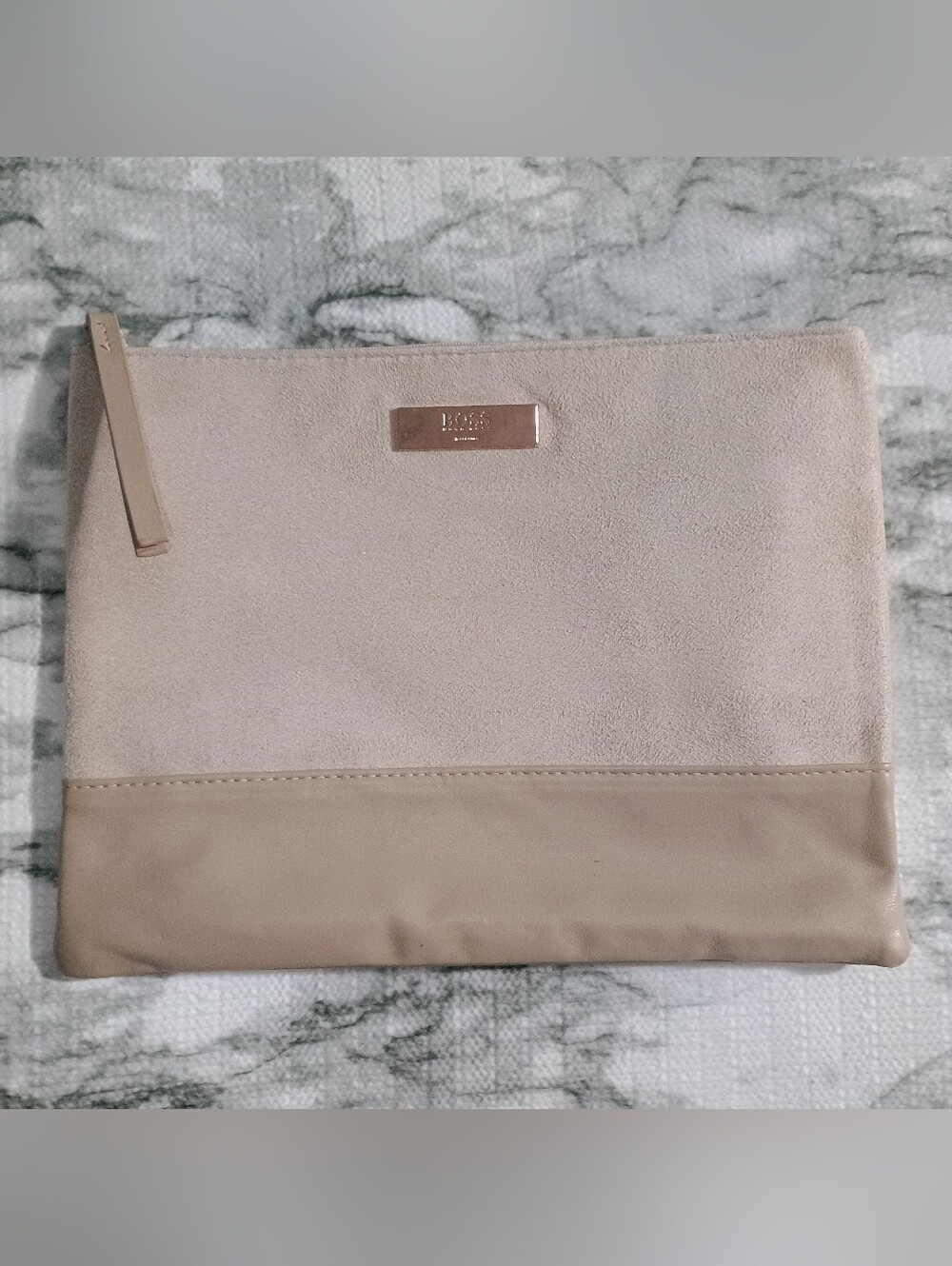 Hugo Boss Beige Two-Tone Suede And Leather Cosmetic/Travel Bag